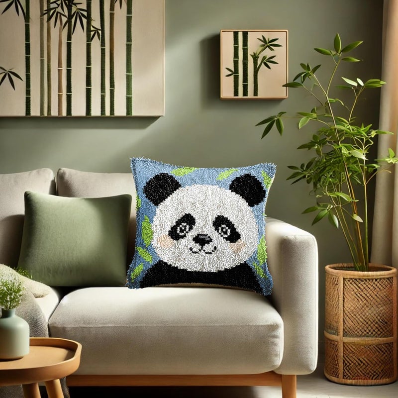 GemJelry Latch Hook Kits for Adults Kids DIY Panda Pillow Cover Beginner Cross Stitch Kits with Preprinted Canvas Crochet Yarn Kits Creative Hand Craft Home Decoration 17'' X 17'' - Image 2